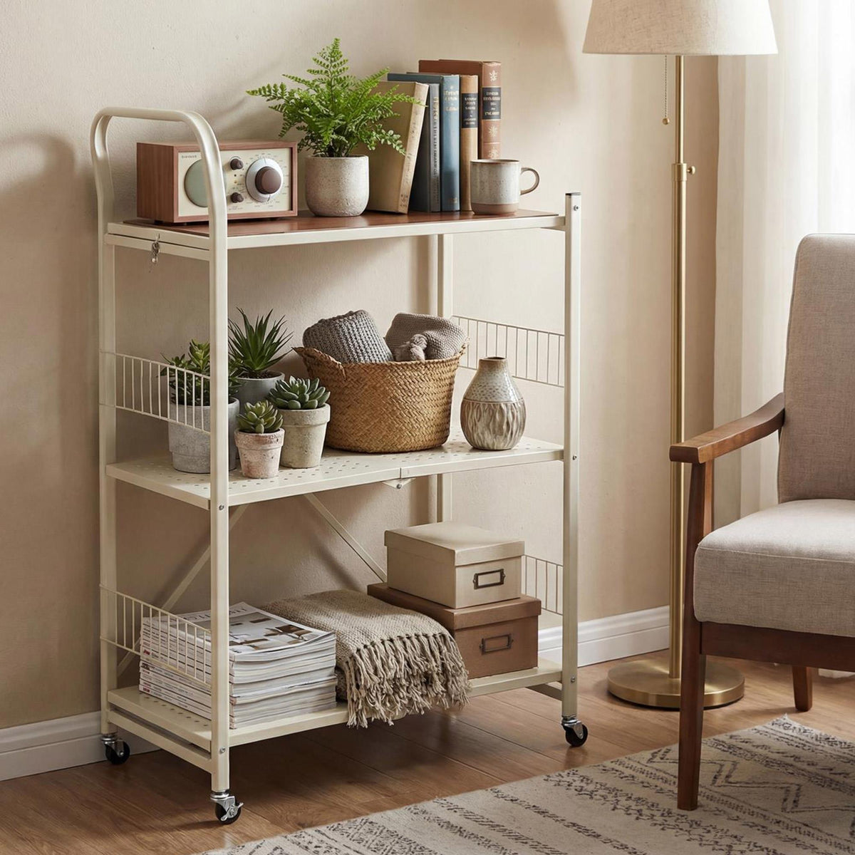 Carrito estantería plegable 3 estantes Blanco 66x34x105 (3)