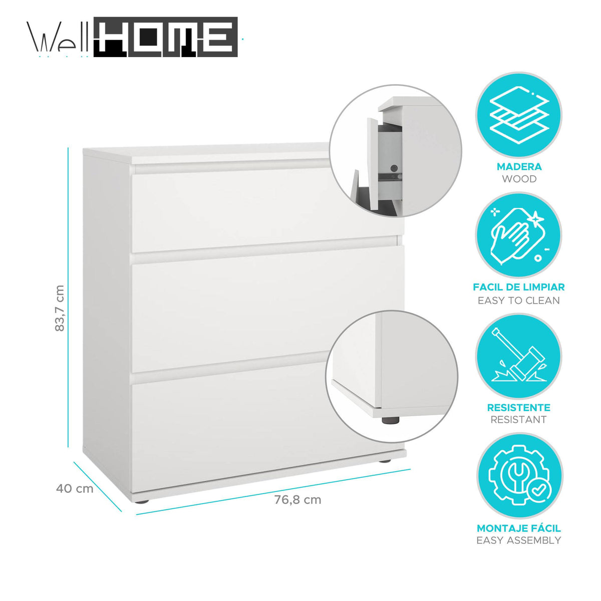 Cómoda dormitorio 3 cajones color blanco 77x40x84cm (2)
