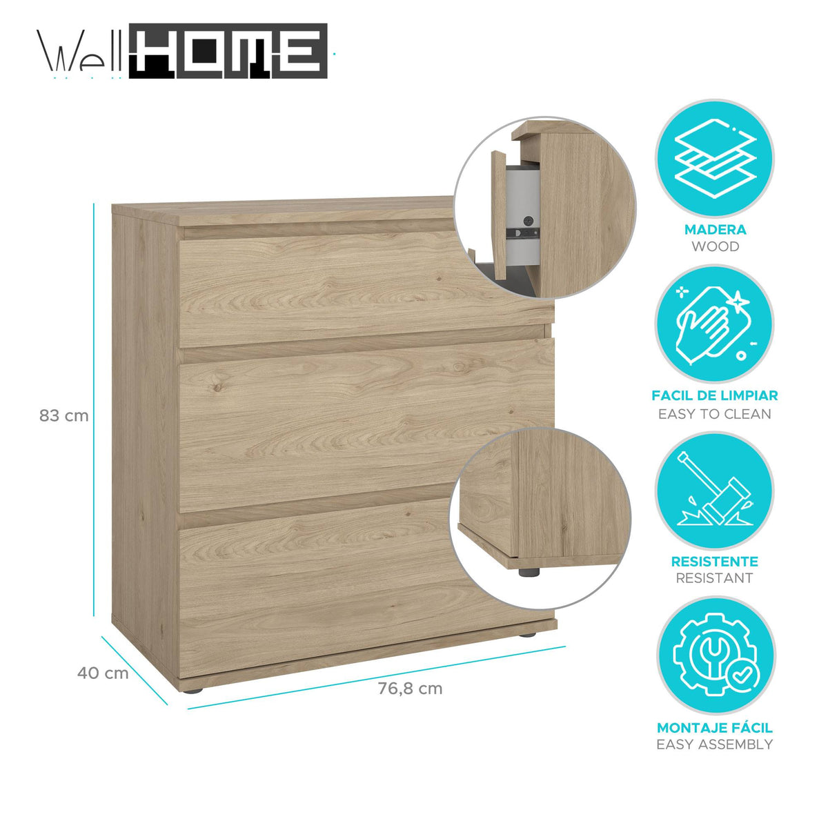 Cómoda dormitorio 3 cajones color roble 77x40x84cm (2)