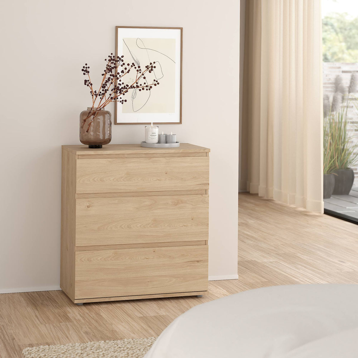 Cómoda dormitorio 3 cajones color roble 77x40x84cm (4)