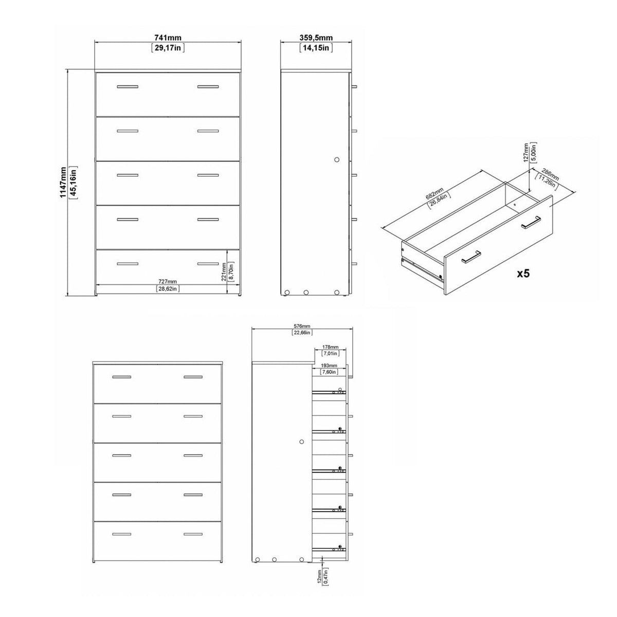 Cómoda 5 cajones blanco 75x36x115 cm (3)