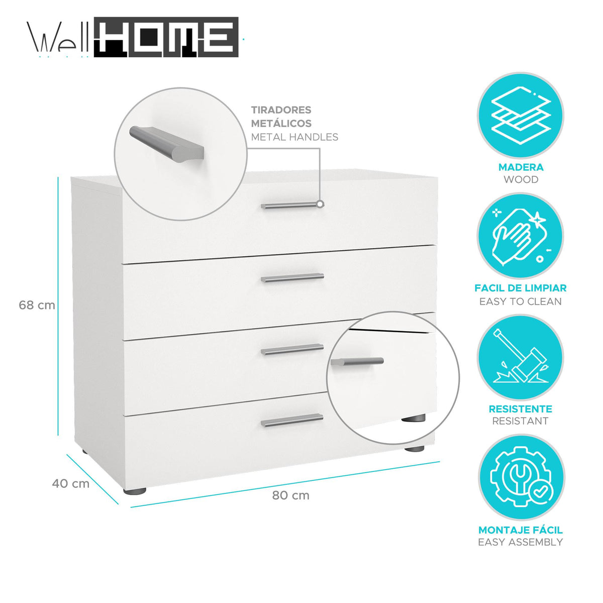 Cómoda dormitorio 4 cajones color blanco 81x41x69cm (2)