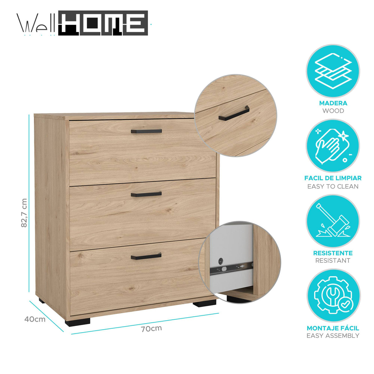 Cómoda 3 cajones Eria Oak color roble 71x40x83cm (2)