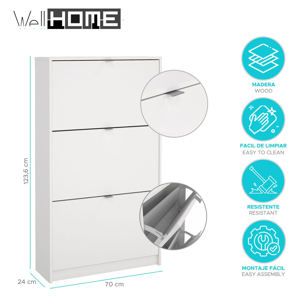 Zapatero abatible 3 compartimentos 2 niveles blanco 71x25x124 cm (2)