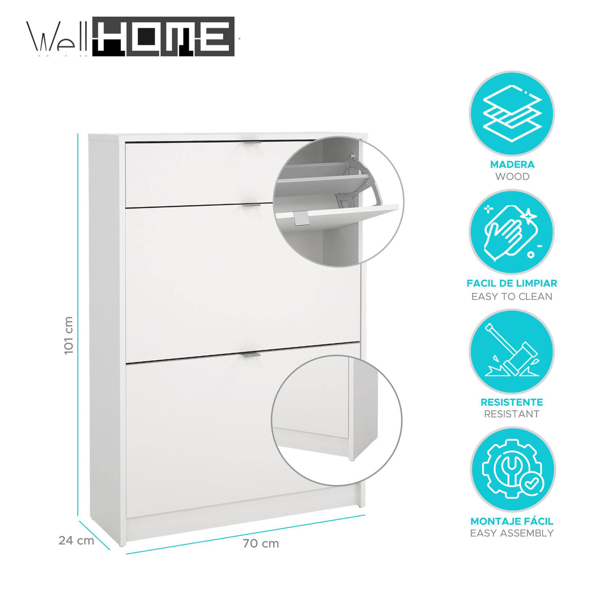 Zapatero abatible Adaja 2 puertas y cajón blanco 71x25x102cm (2)
