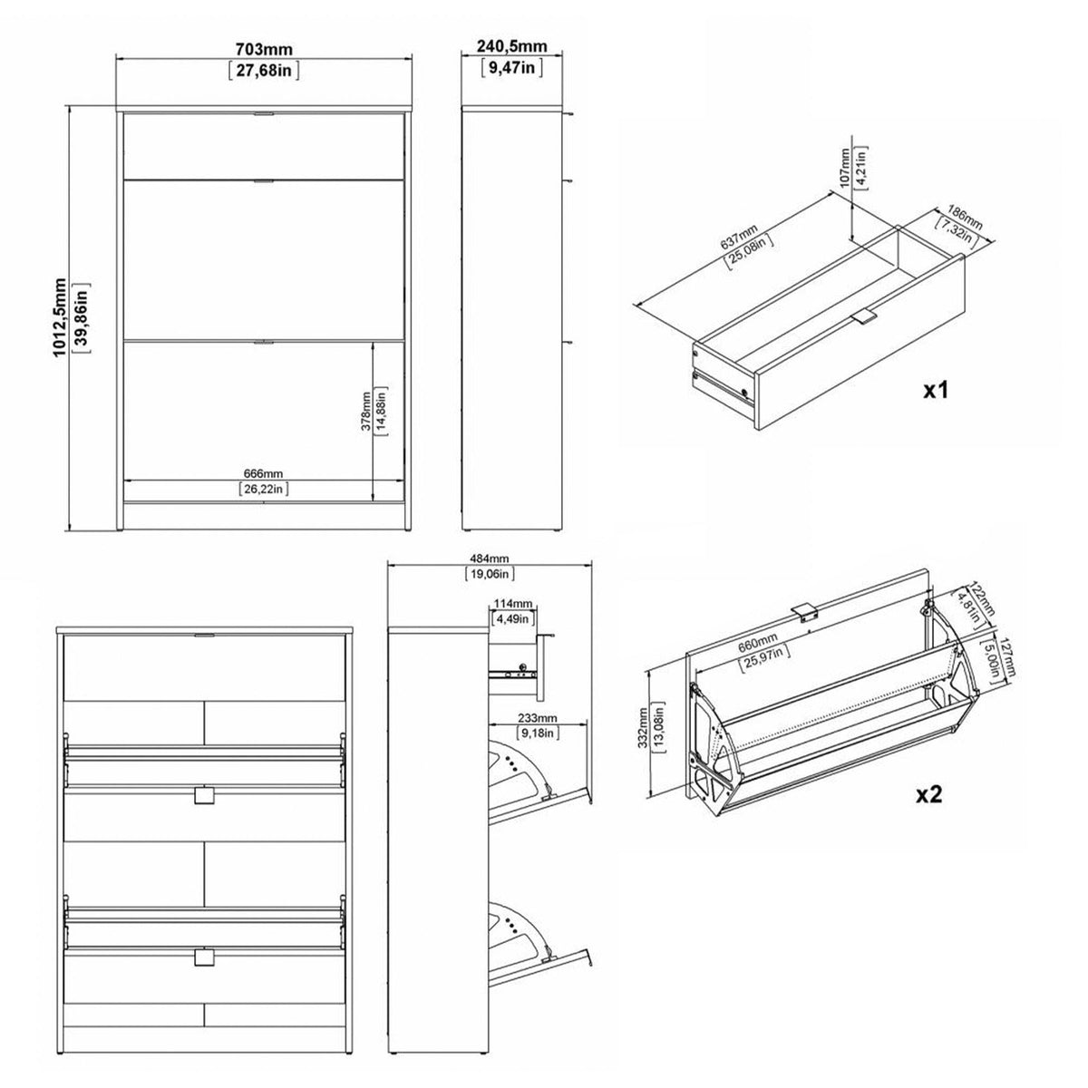 Zapatero abatible Adaja 2 puertas y cajón blanco 71x25x102cm (3)