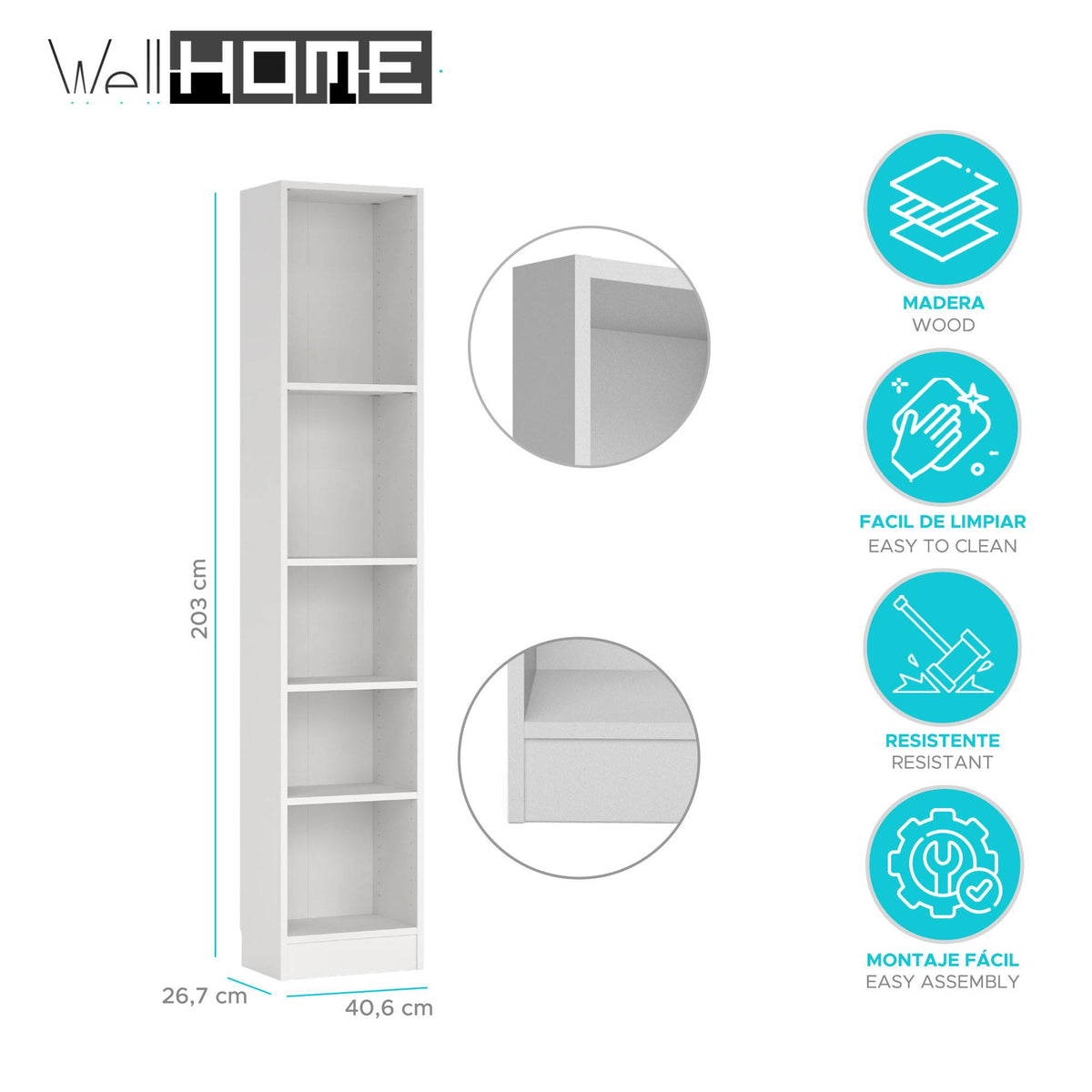 Librería Turia 4 estantes blanca 41x27x204 cm (2)