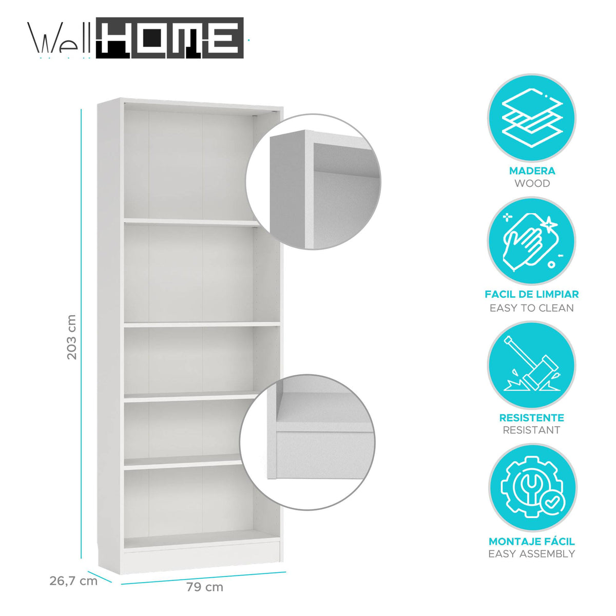 Librería Turia 4 estantes blanca 79x27x204 cm (2)