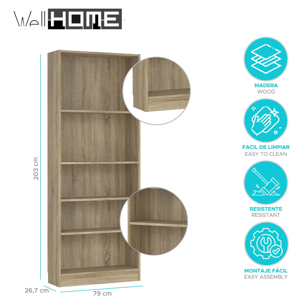 Librería Turia 4 estantes roble 79x27x204 cm (2)