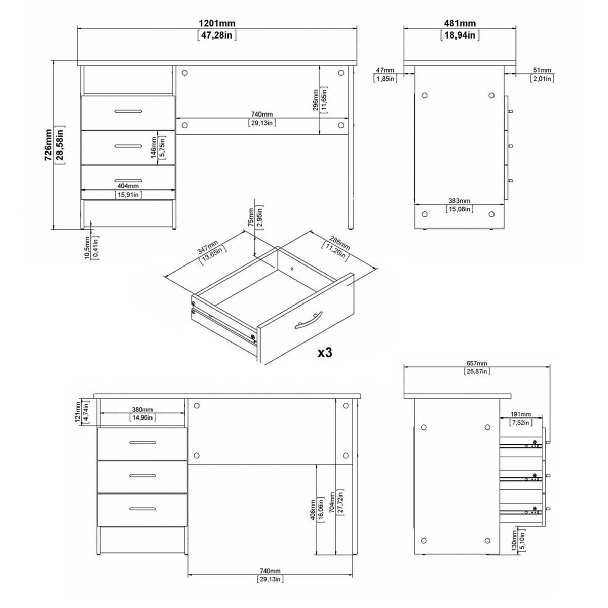 Mesa escritorio 3 cajones melamina roble 121x49x73 cm (3)