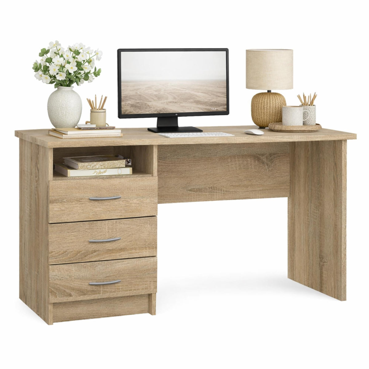 Mesa escritorio 3 cajones melamina roble 121x49x73 cm (11)
