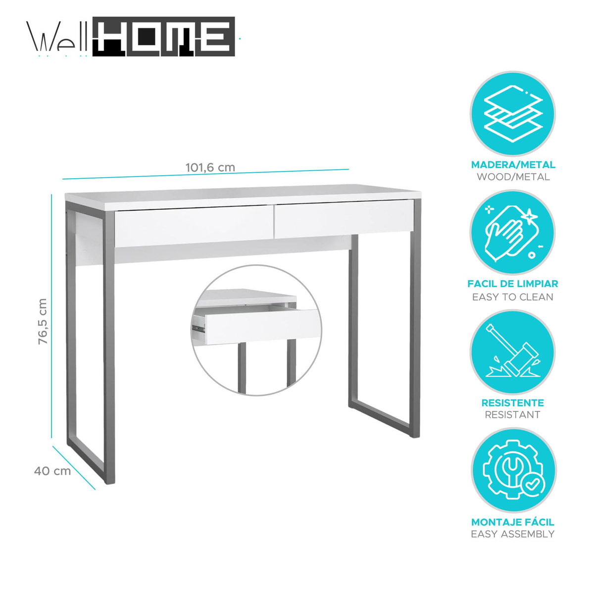 Mesa escritorio alto 2 cajones blanco brillo 102x41x77 cm (2)