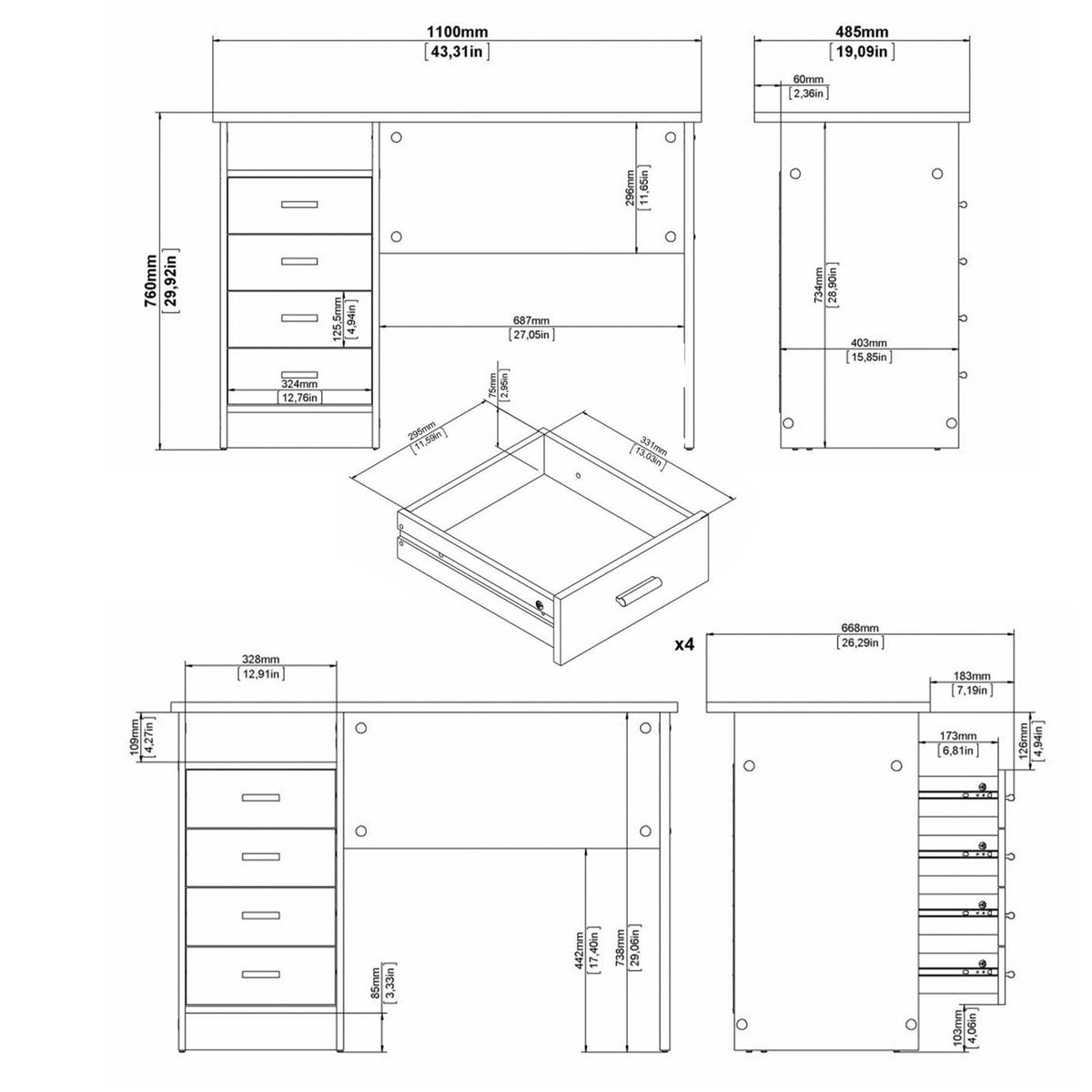 Mesa escritorio alto 2 cajones blanco brillo 102x41x77 cm (3)