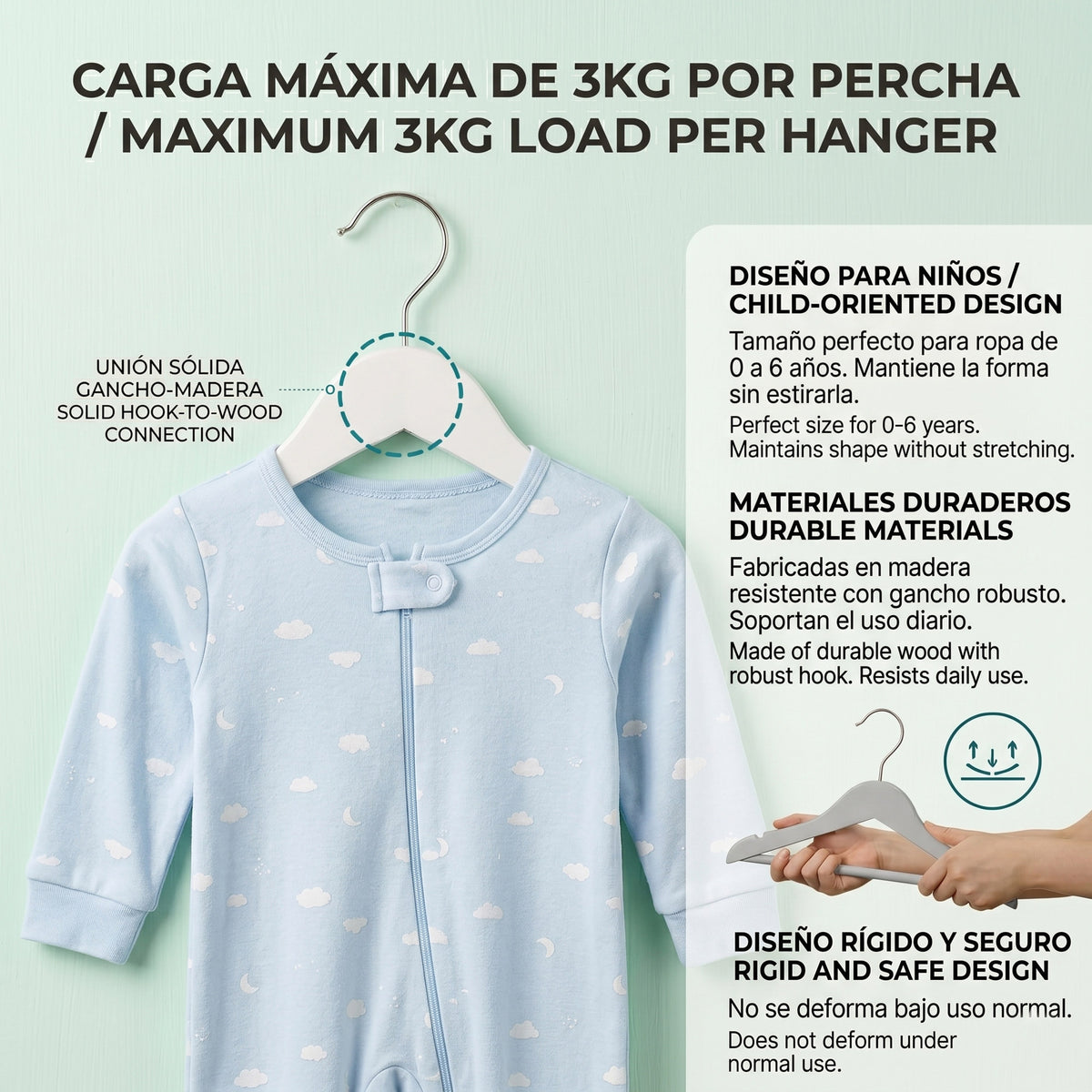Set 10 perchas infantiles madera blanca gancho 35,5x20cm (3)