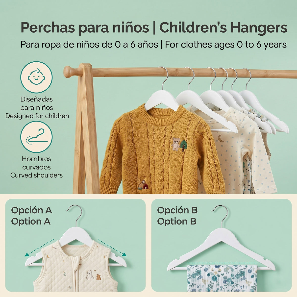 Set 10 perchas infantiles madera blanca gancho 35,5x20cm (5)
