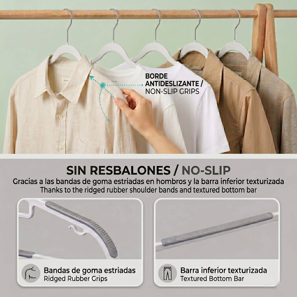 Set 10 perchas plástico antidesliz gancho giratorio 42cm (4)