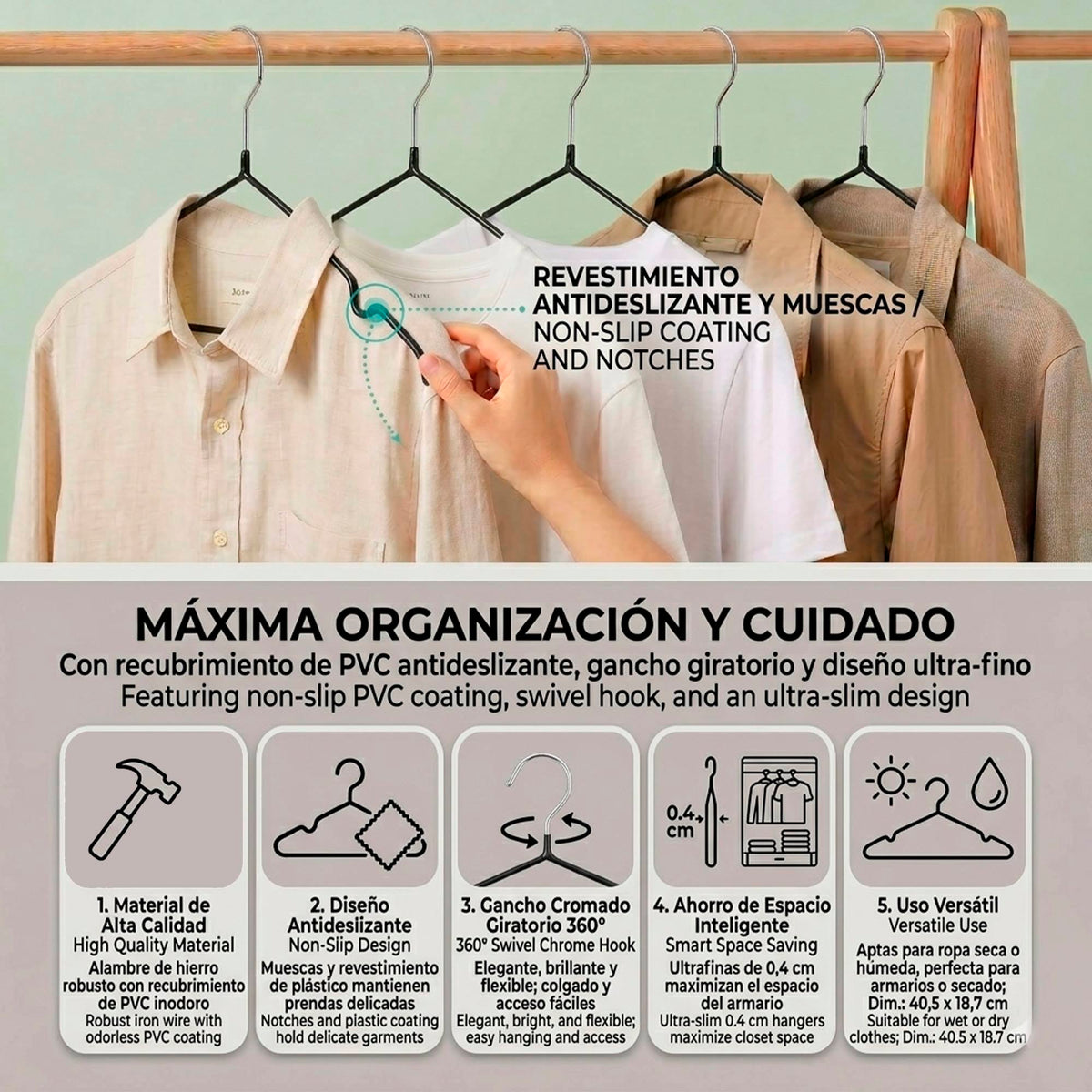 Set 10 perchas metálicas antidesliz finas 40,5x18,7cm (5)