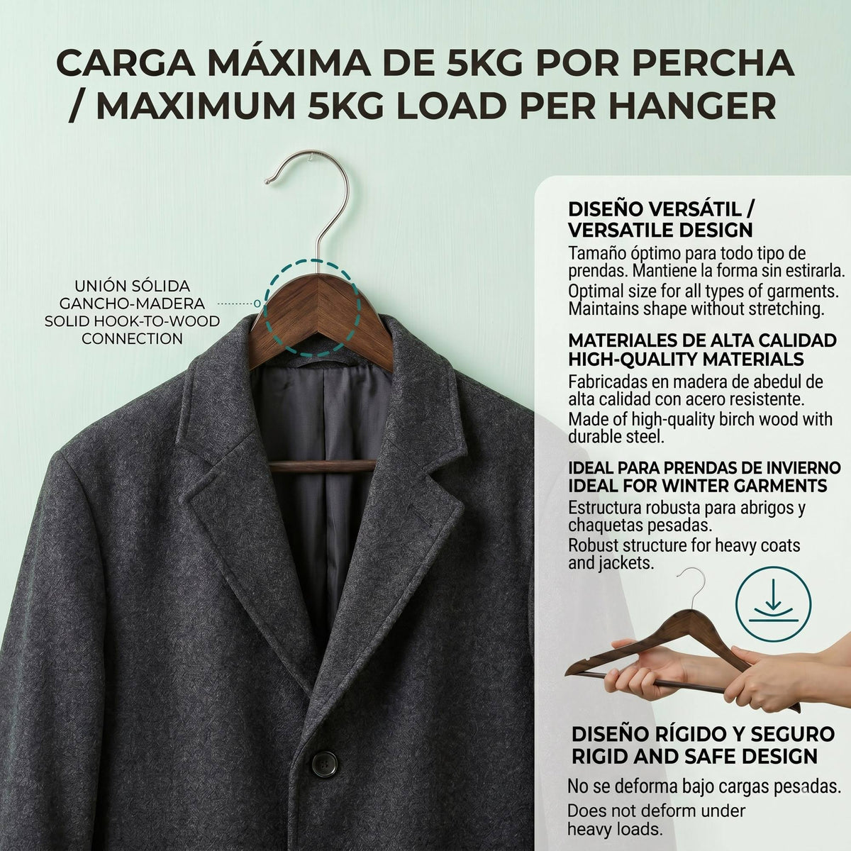 Set 10 perchas madera robusta gancho giratorio 44,5x23cm (3)