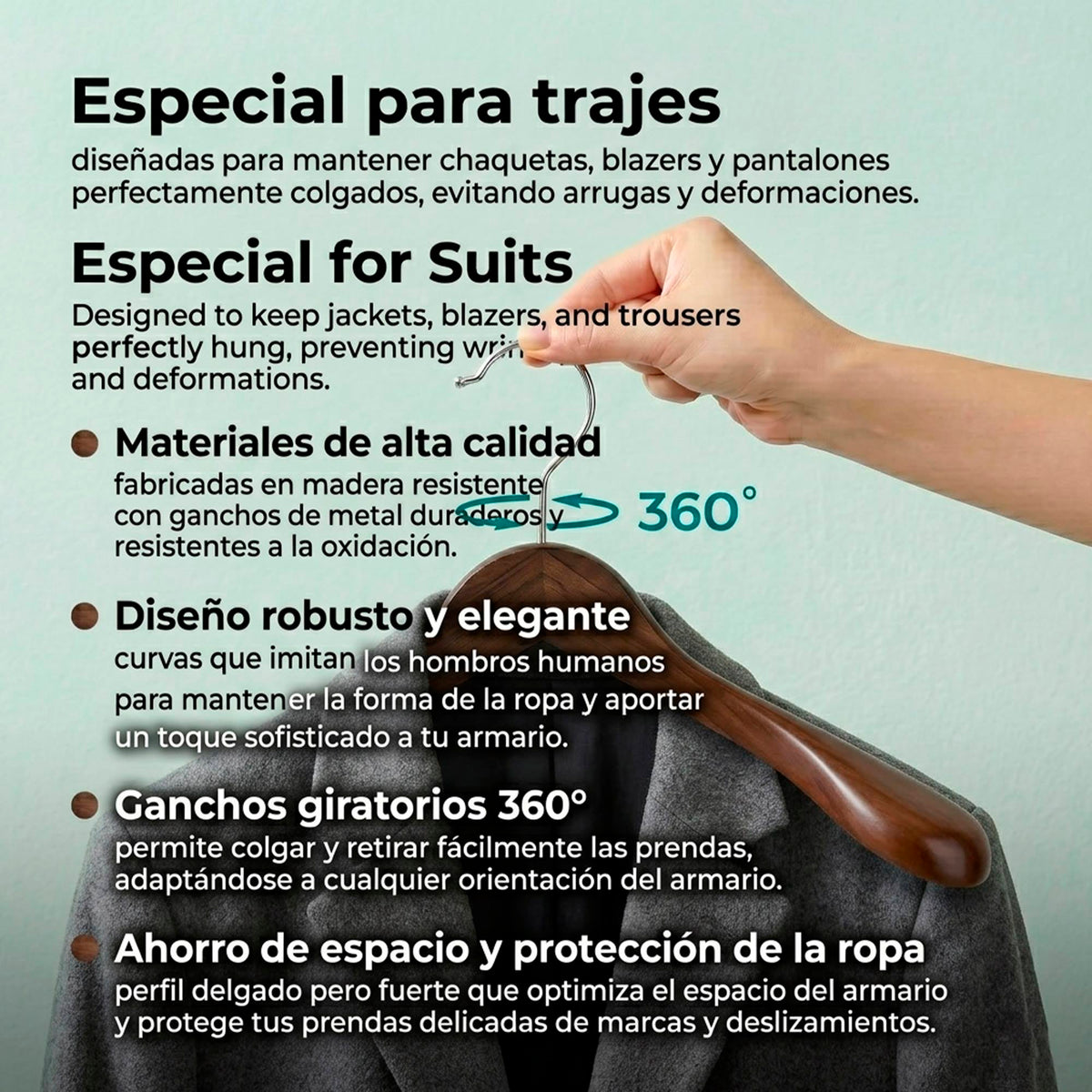 Set 6 perchas madera para trajes gancho giratorio 44,5cm (3)