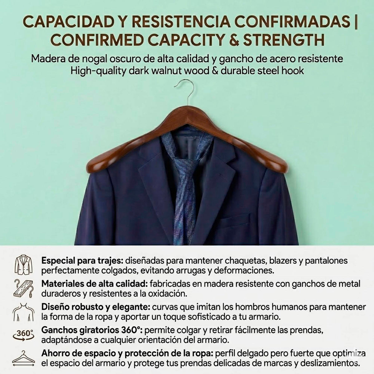 Set 6 perchas madera para trajes gancho giratorio 44,5cm (4)