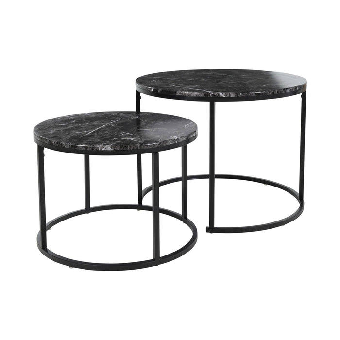 Set 2 mesas auxiliares metal con tablero mármol negro Ø50 Ø60 cm