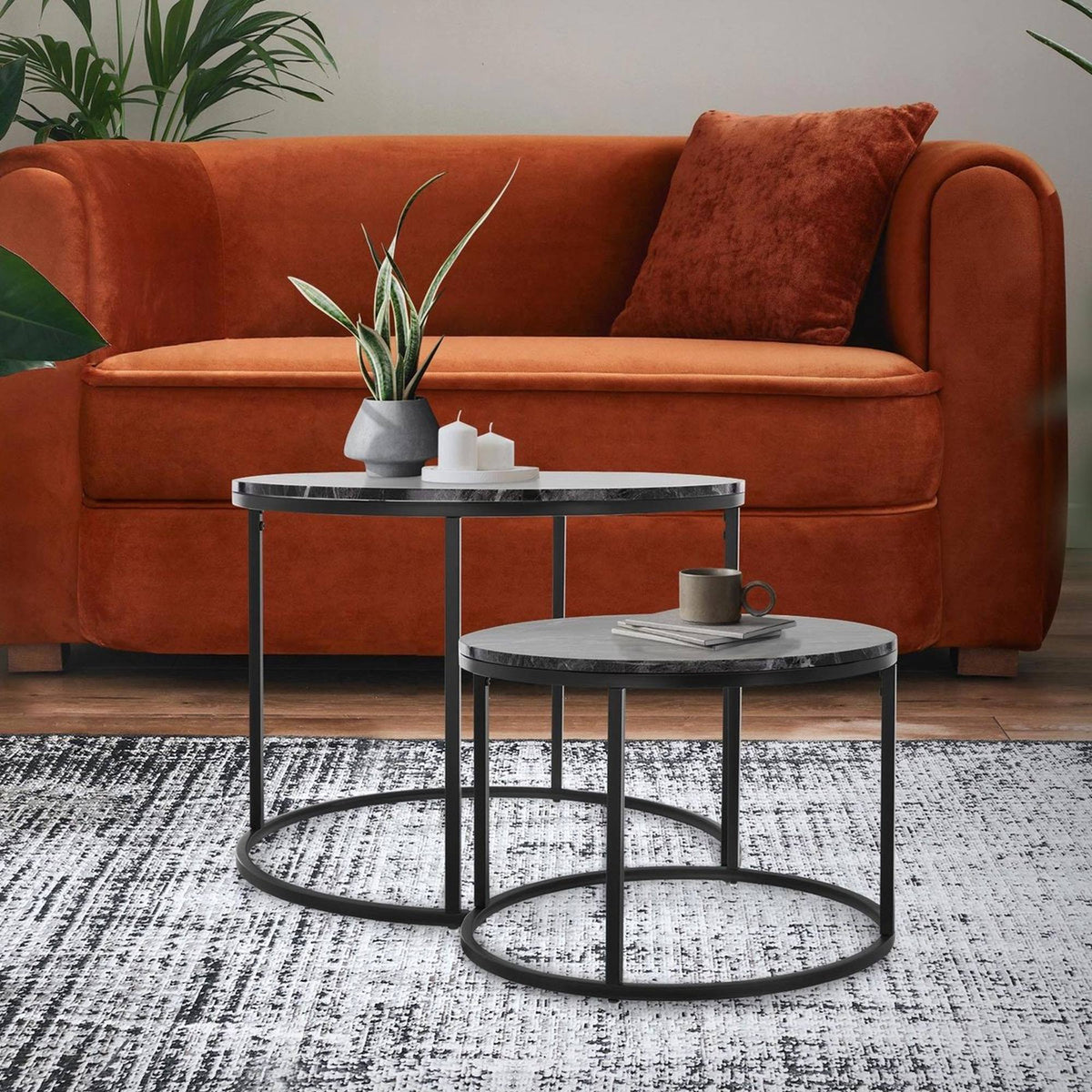 Set 2 mesas auxiliares metal con tablero mármol negro Ø50 Ø60 cm (3)