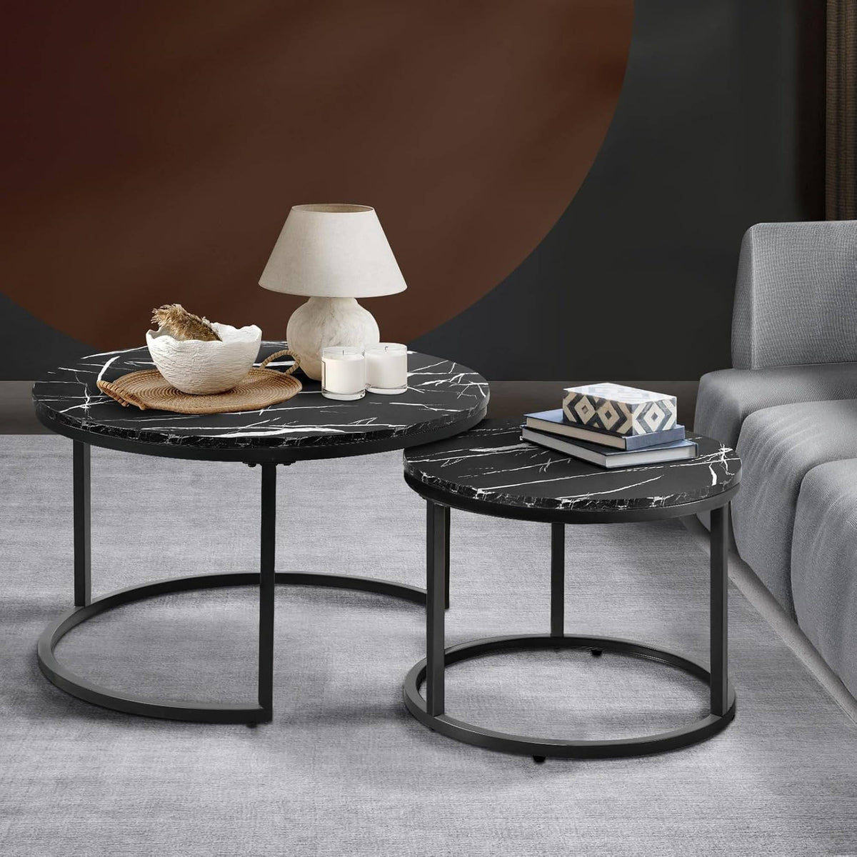 Set 2 mesas auxiliares metal con tablero mármol negro Ø50 Ø60 cm (4)