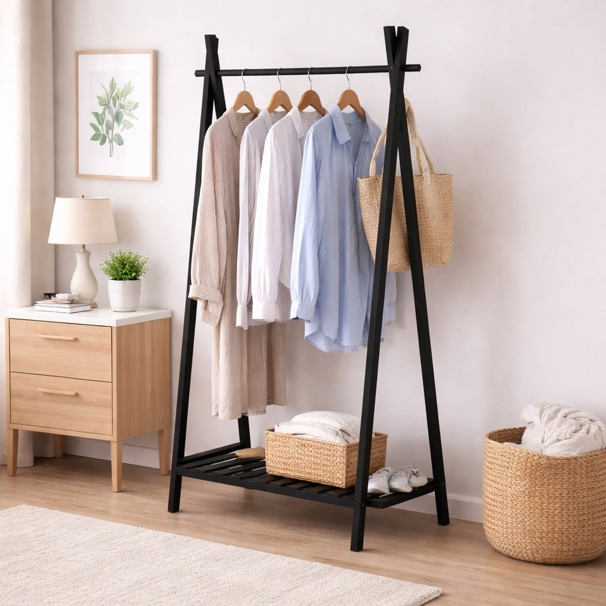 Perchero de bambú con estante color negro 195x78x44,5cm (3)