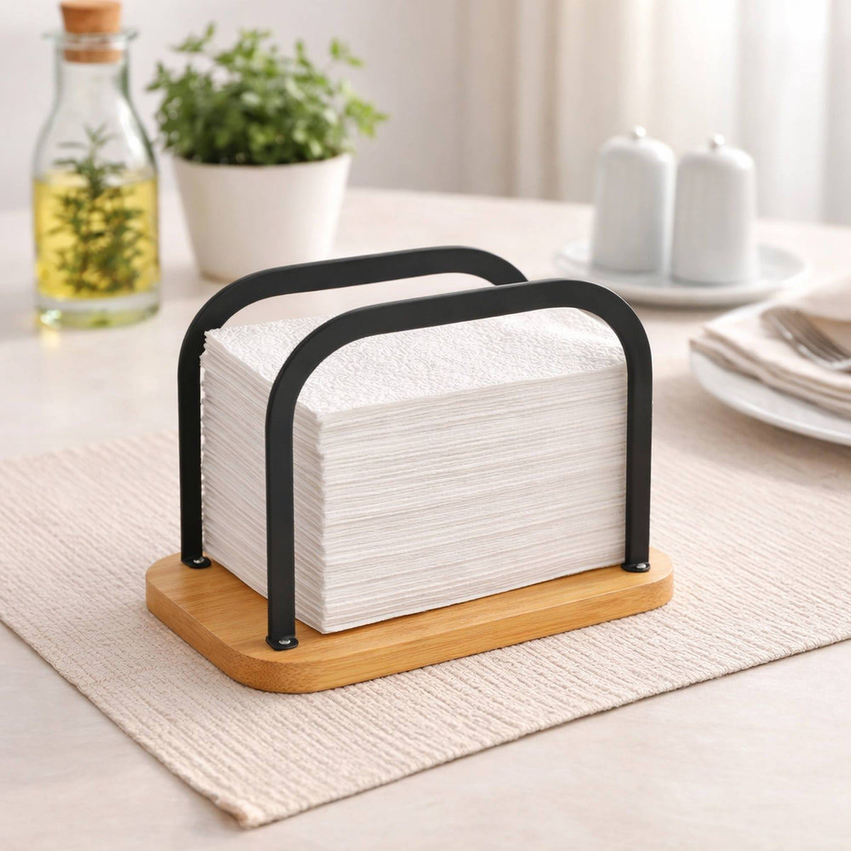 Soporte para servilletas metal y bambú color negro 12,5x6x15cm (3)
