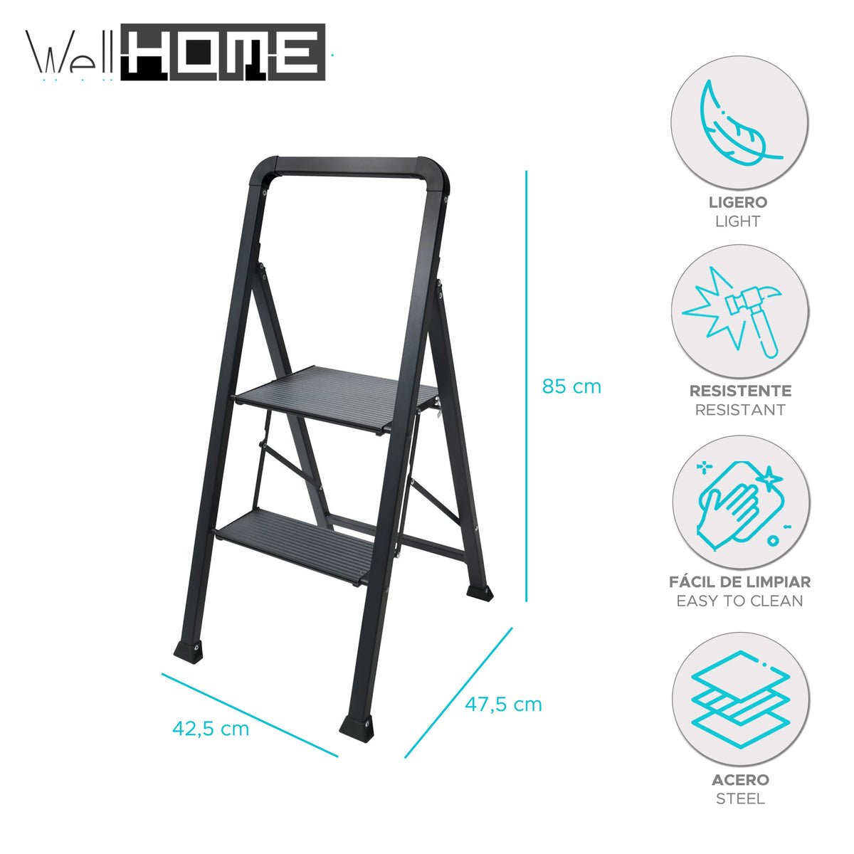 Escalera plegable 2 escalones acero color negro 47,5x42,5x85cm (2)