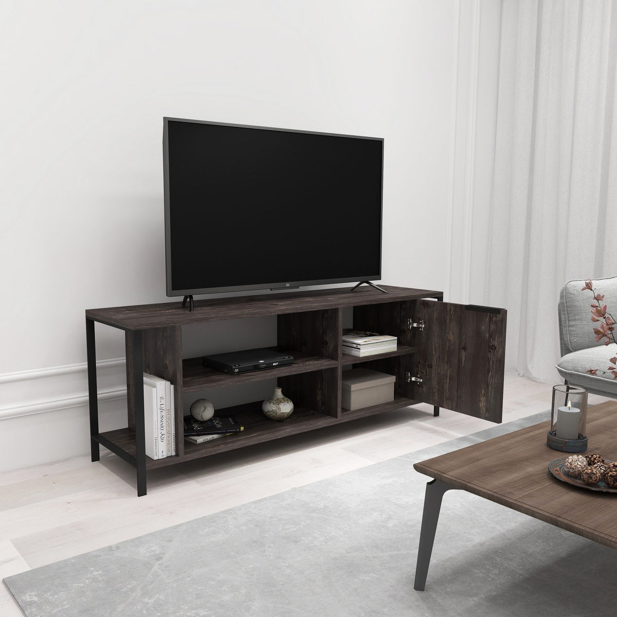Mesa de TV melamina negro y marrón 120x30x54cm (3)
