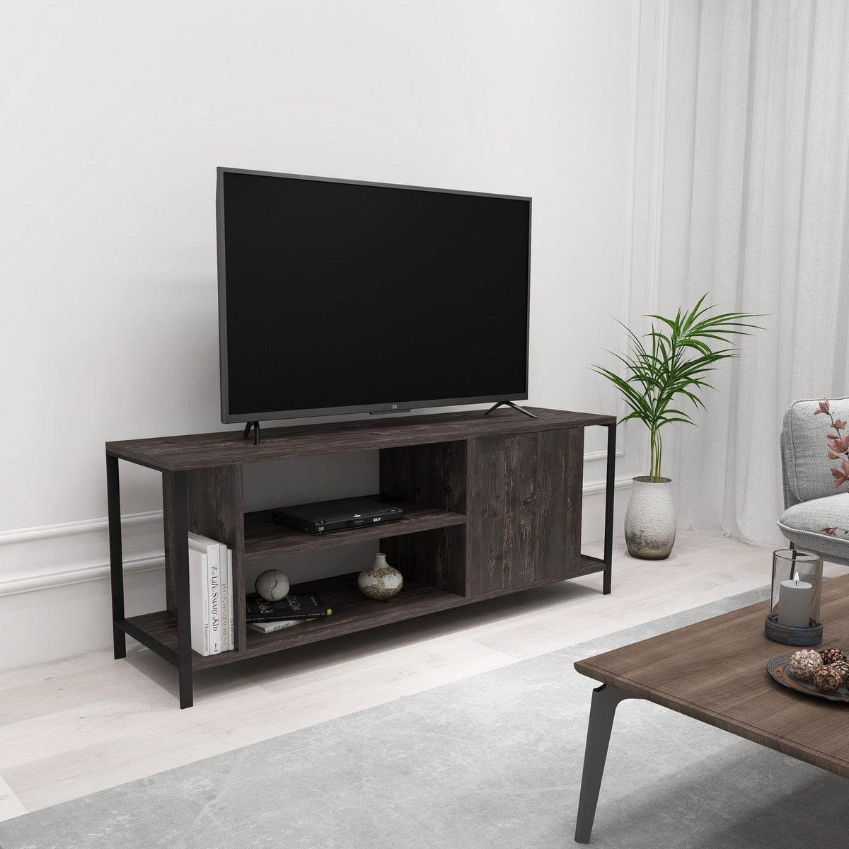 Mesa de TV melamina negro y marrón 120x30x54cm (4)