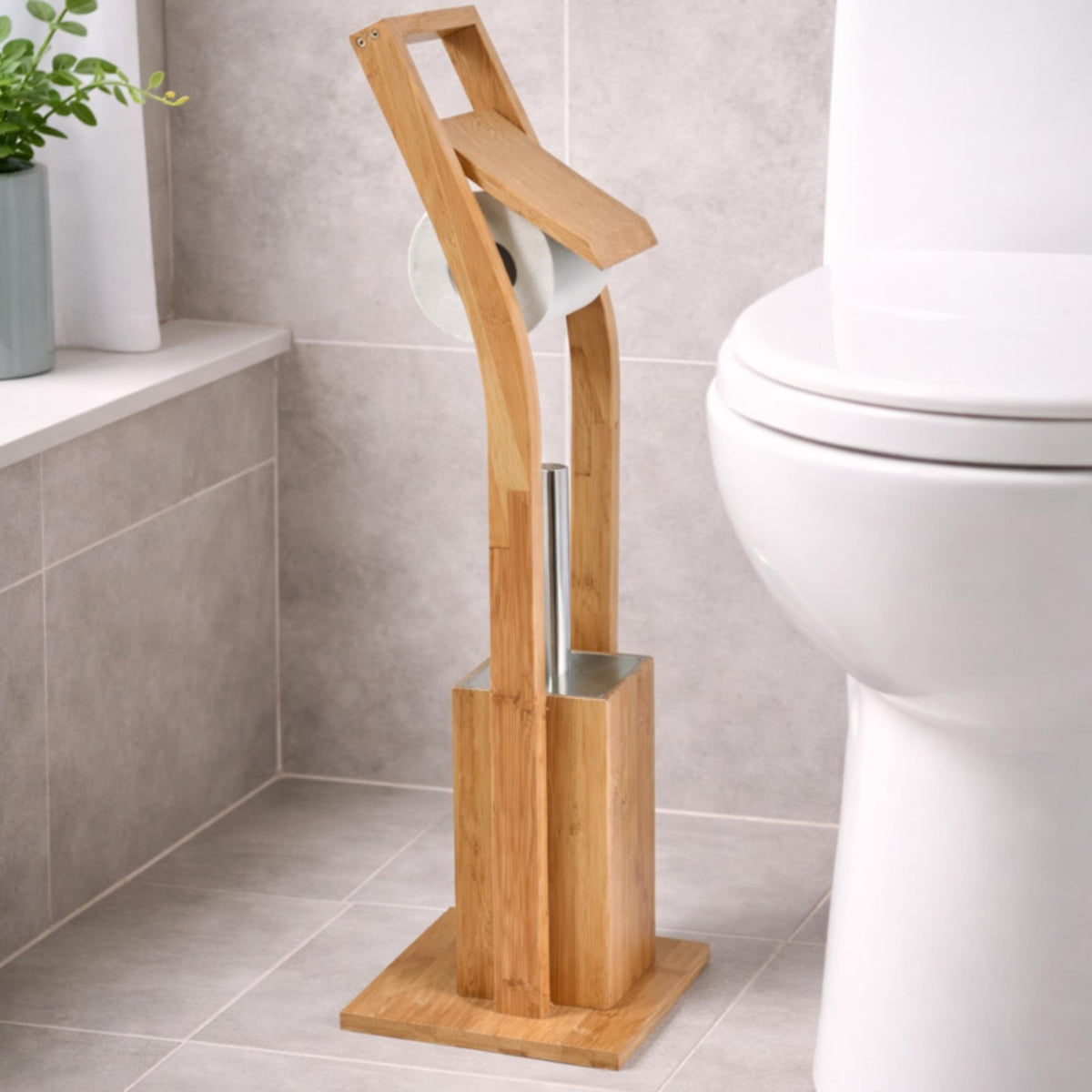 Portarrollos y escobilla de baño bambú beige (4)