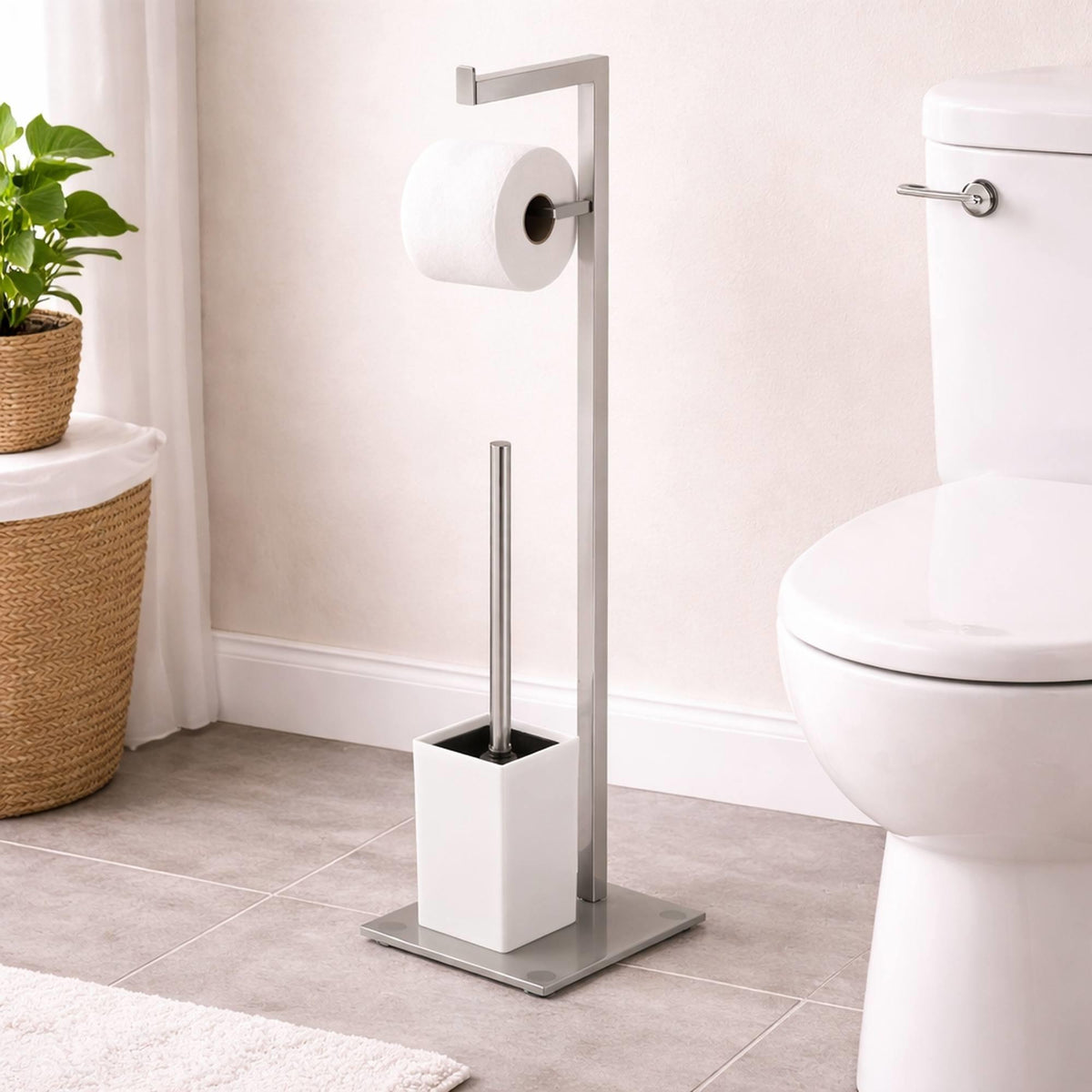 Portarrollos con escobillero inox Blanco 22x18x70,5cm (3)