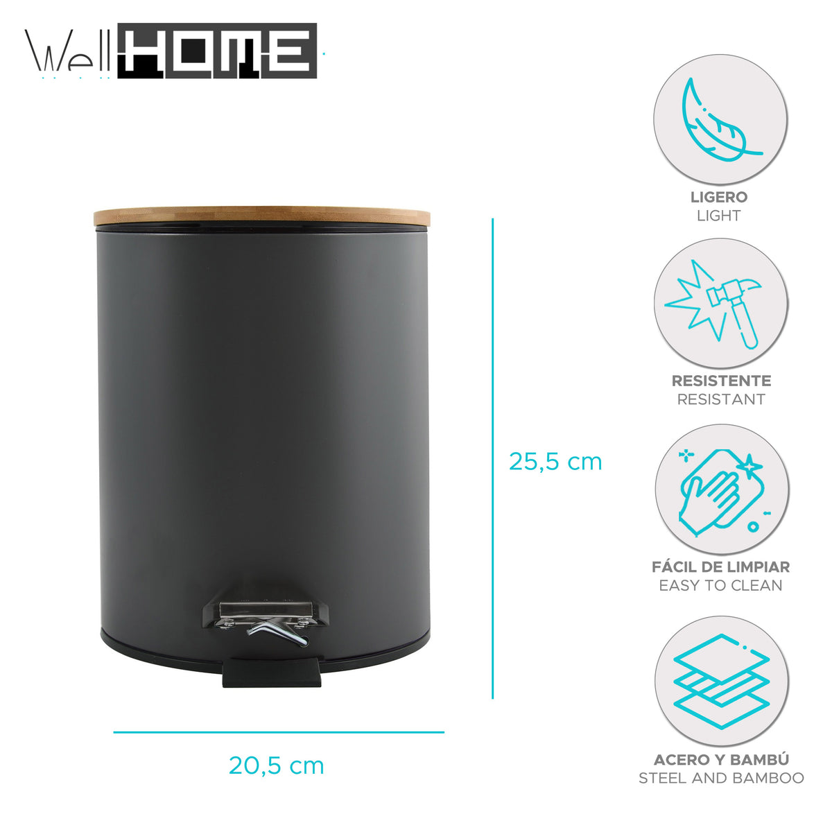 Cubo de basura con pedal 5L color negro mate Ø20,5x25,5cm (2)