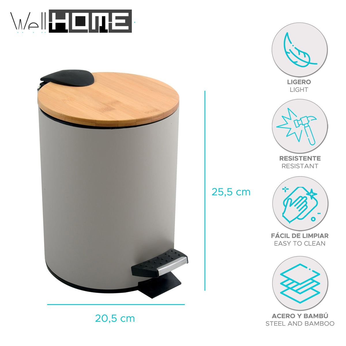 Cubo de basura con pedal 5L color topo mate Ø20,5x25,5cm (2)