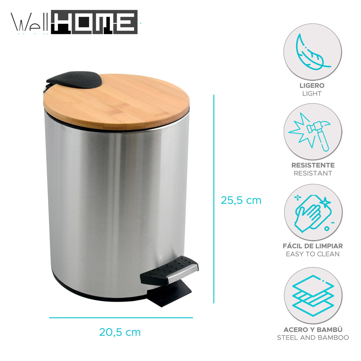 Cubo de basura con pedal 3L baño cromado Ø17x22,5 cm (2)