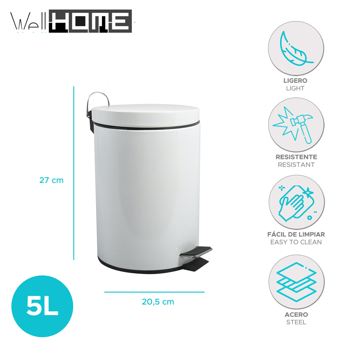 Papelera de baño en acero 5L color blanco (2)
