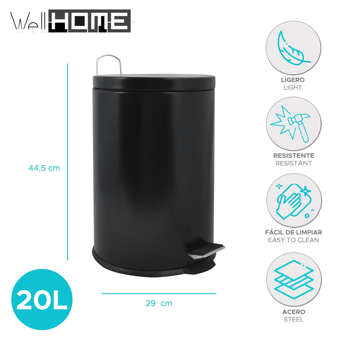 Papelera de baño en acero 20L color negro (2)