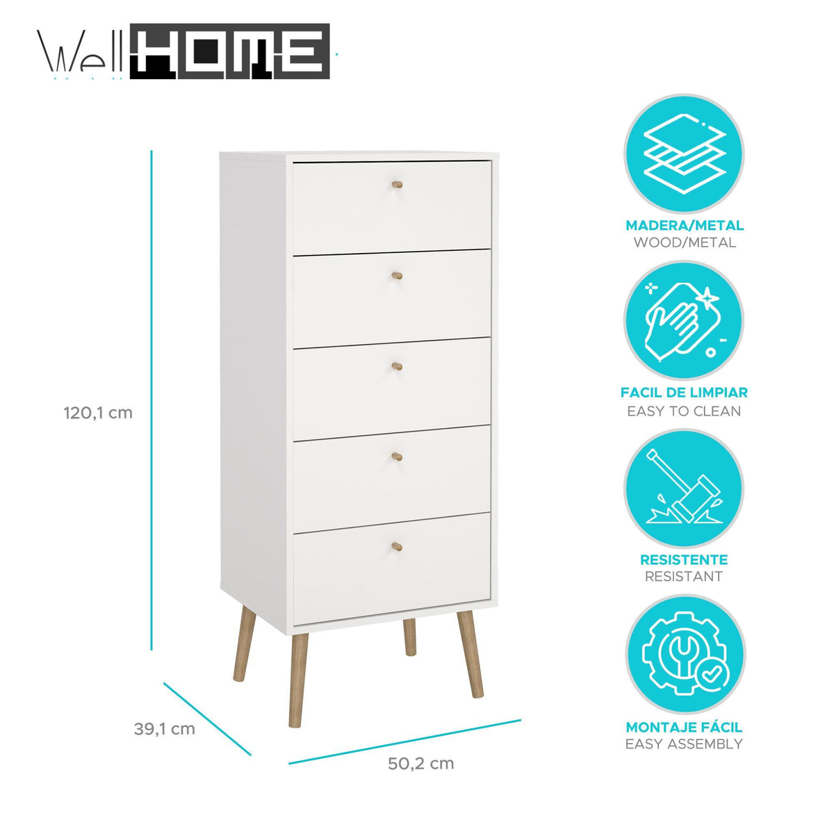Cómoda dormitorio 5 cajones color blanco 51x40x121cm (2)