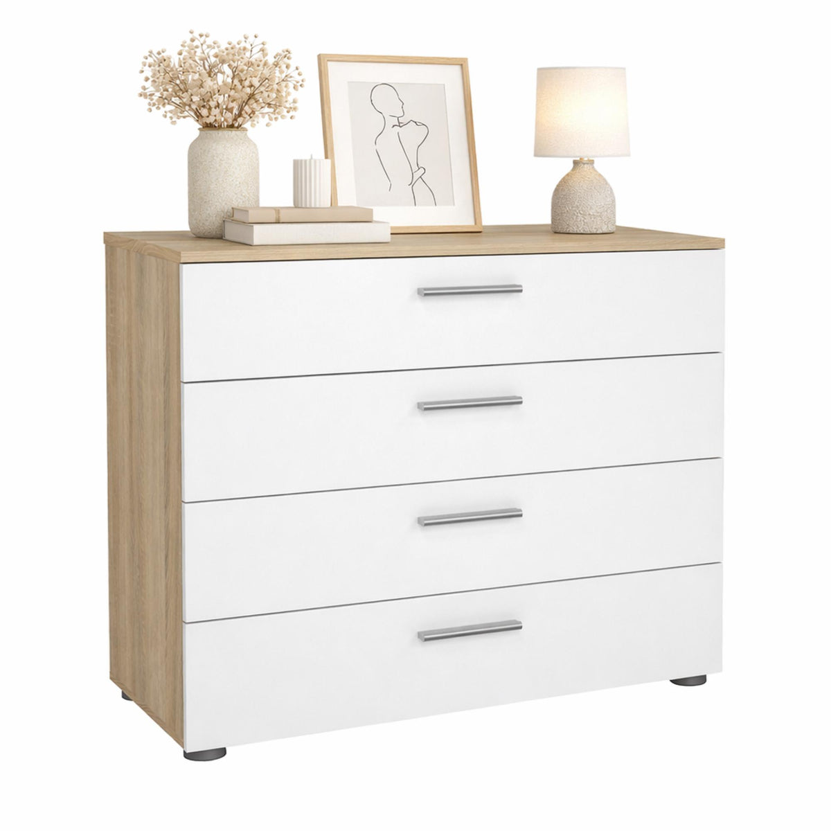 Cómoda dormitorio 4 cajones roble patinado y blanco 81x41x69cm (10)