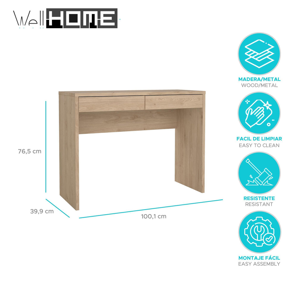 Mesa escritorio Jucar Oak 2 cajones color roble 101x40x77cm (2)