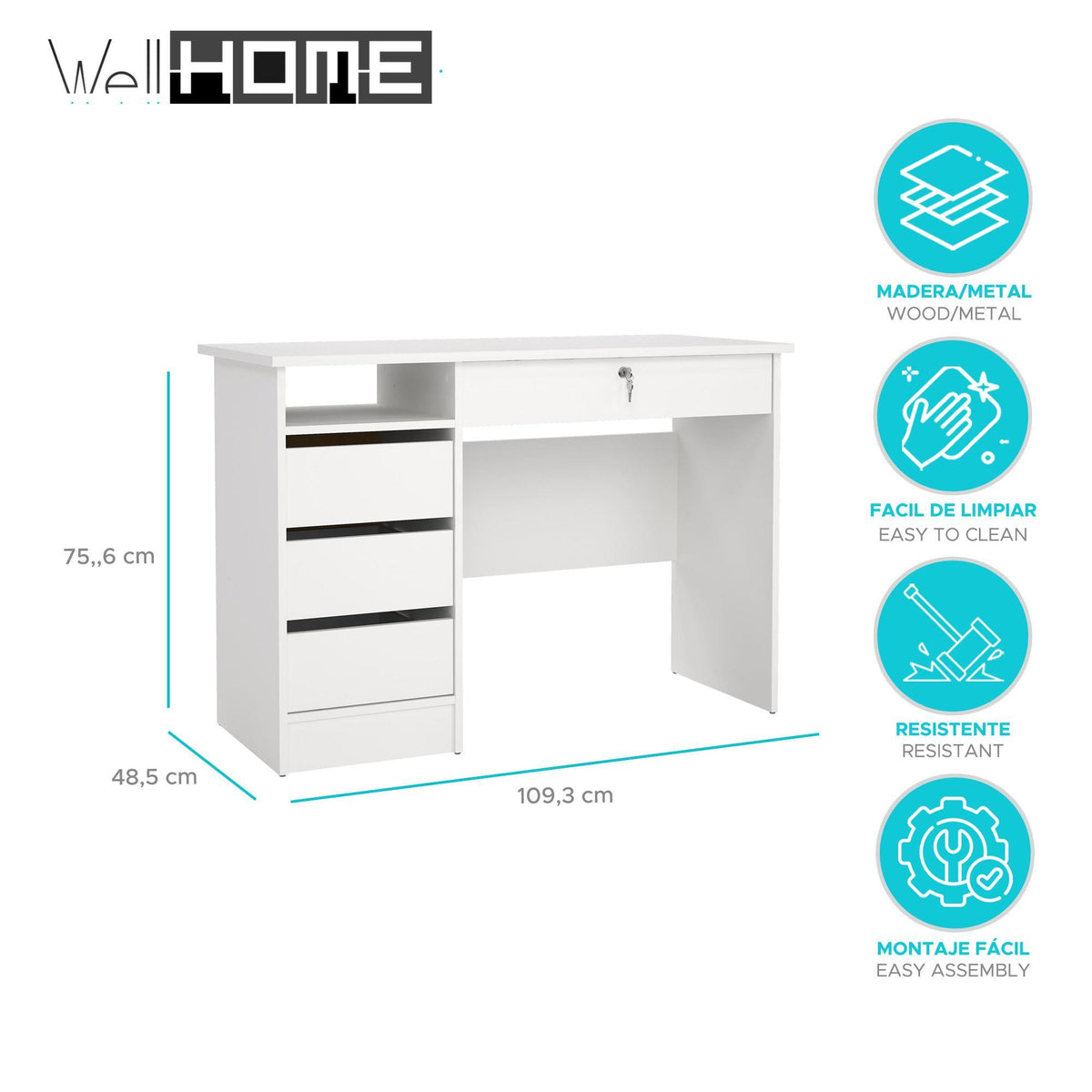 Mesa escritorio estudio 3 cajones blanco 110x49x76 cm (2)