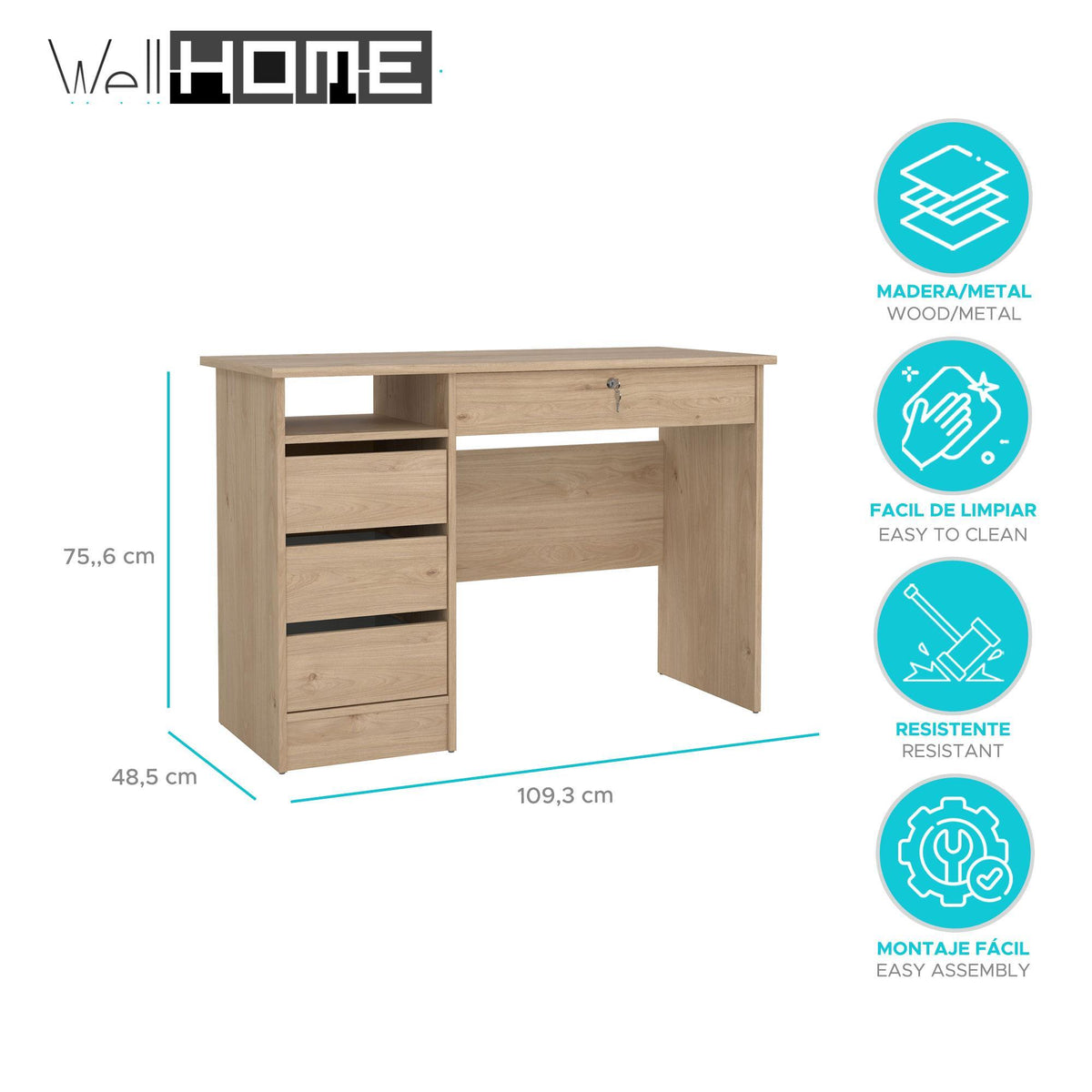 Mesa escritorio Jucar Oak 3 cajones color roble 110x49x76cm (2)