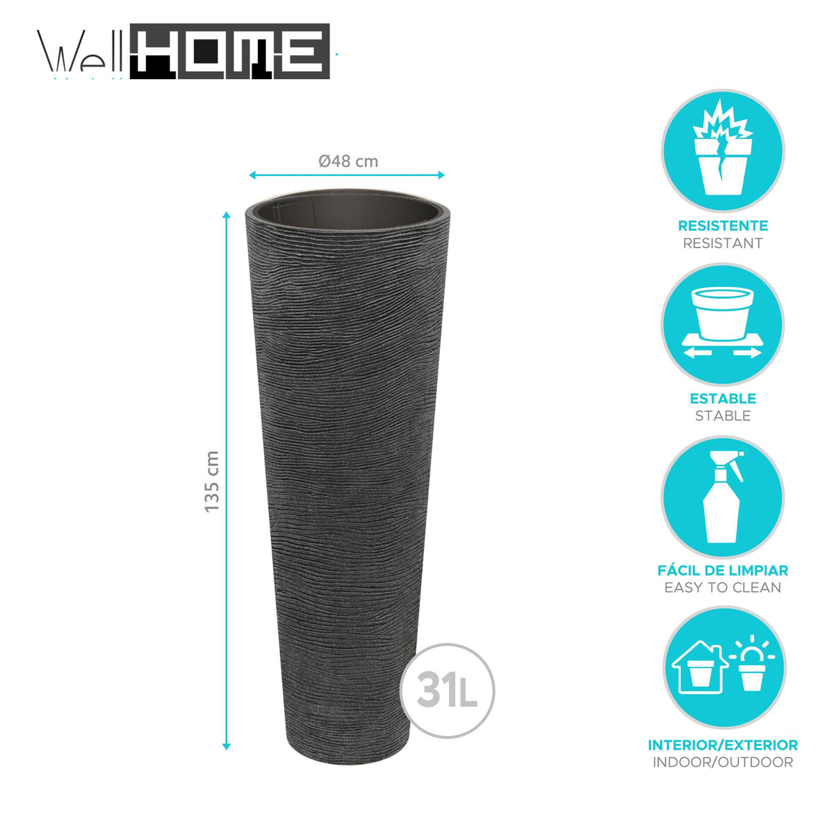 Maceta rotomoldeo cilíndrica alta granito negro Ø48x135 cm (2)