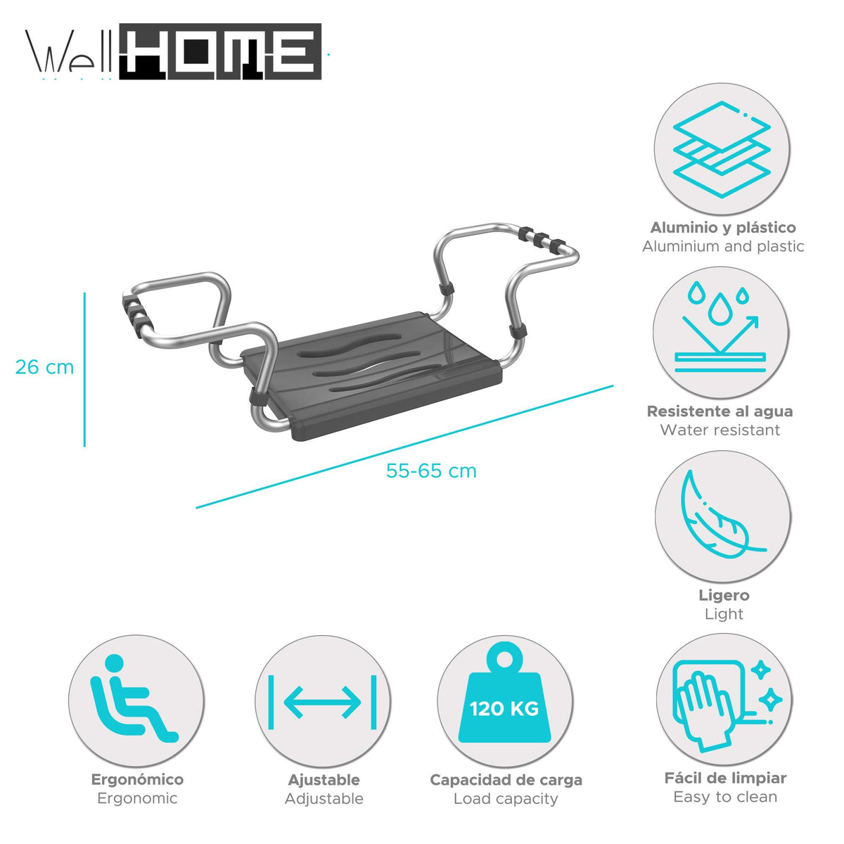 Asiento bañera extensible aluminio Antracita 55-65x26cm (2)