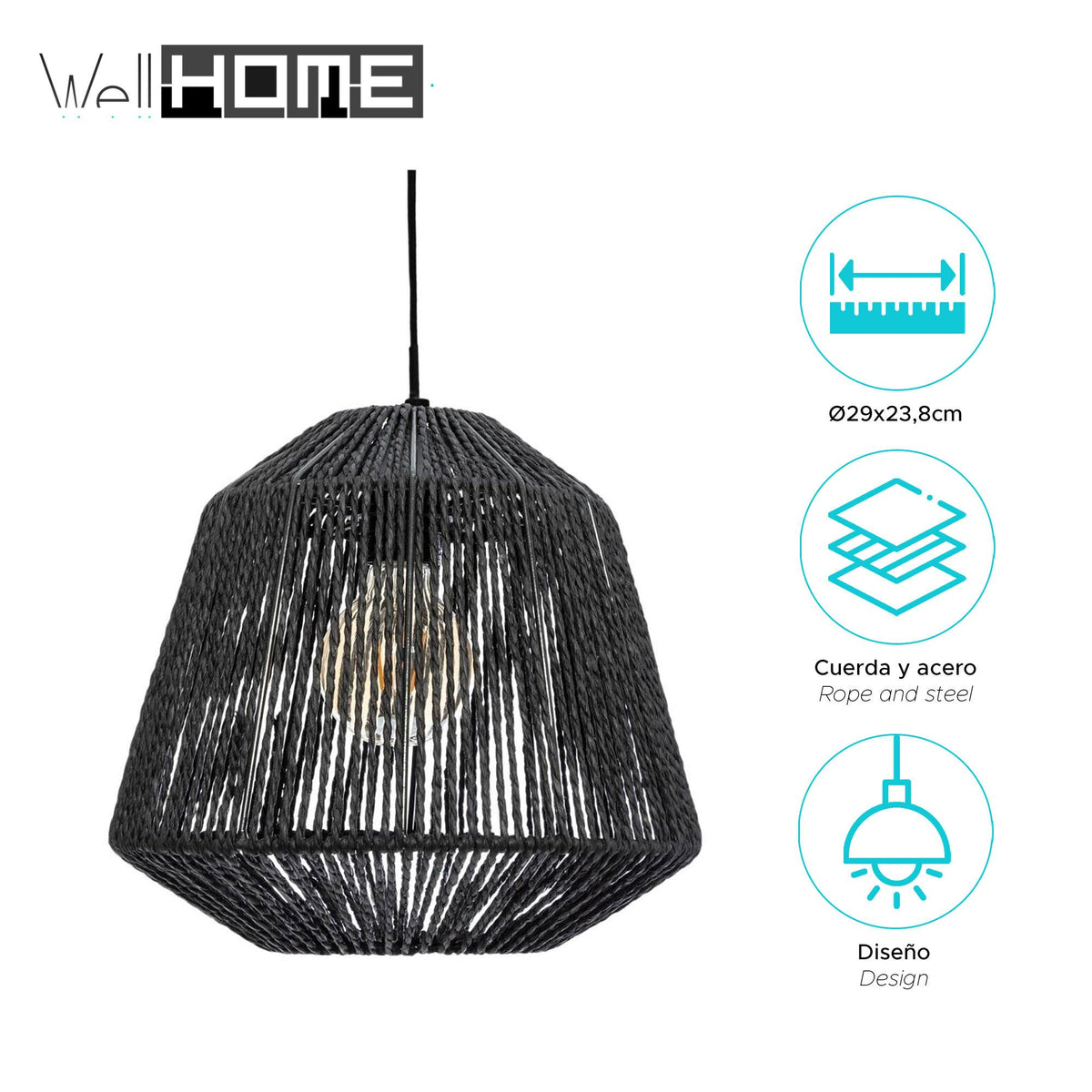 Lámpara de techo suspensión cuerda metal Ø29x23,8 cm negro (2)