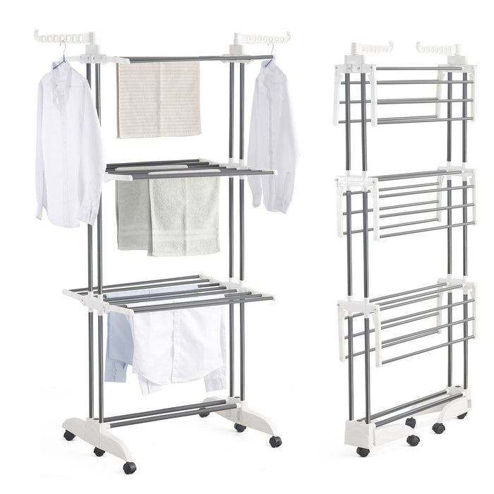 Tendedero vertical Plegable de 3 niveles con ruedas de H.176cm, Estantes ajustables y 2 soportes para perchas de Estructura metálica