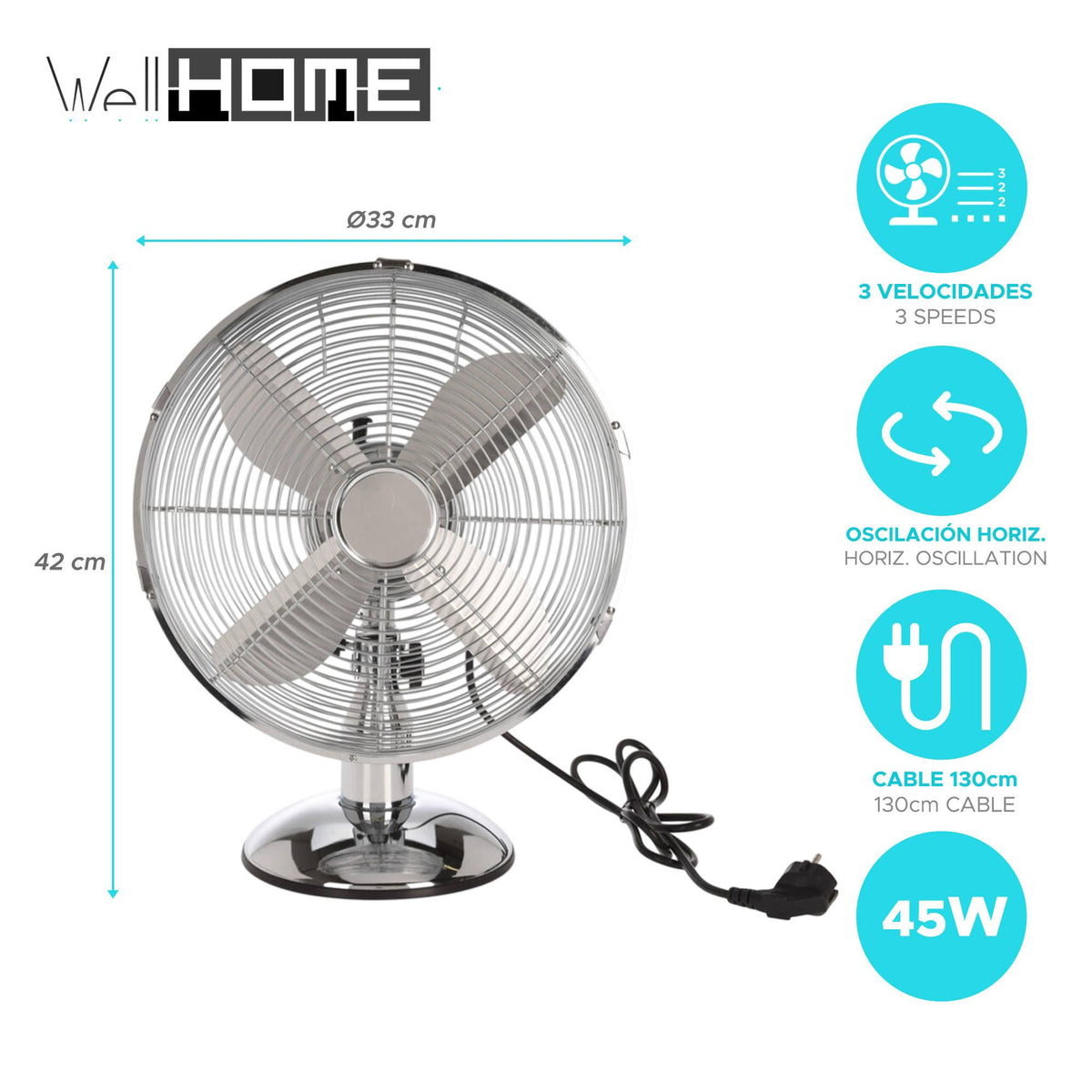 Ventilador de mesa Ø33 cm 45W 3 velocidades oscilación cobre (2)