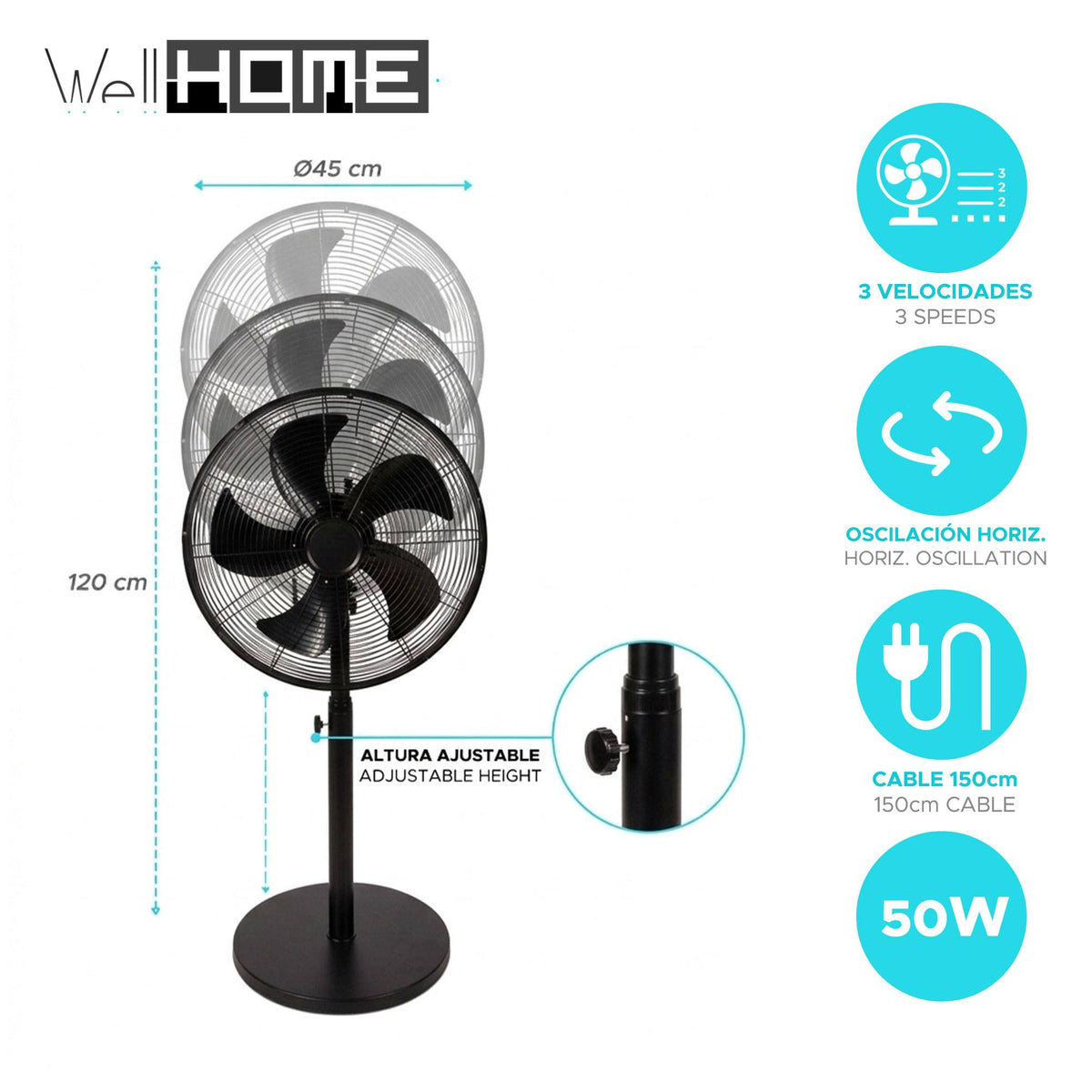 Ventilador de pie Ø45 cm 50W 3 velocidades negro mate (2)